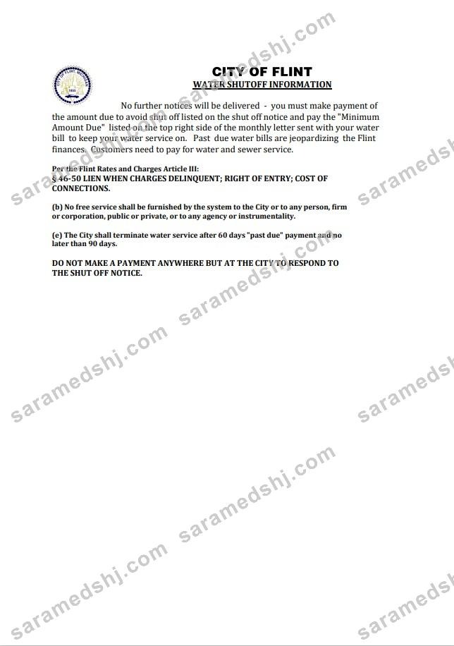 USA City of Flint Michigan water utility bill shutoff notice, Word and PDF template, version 2